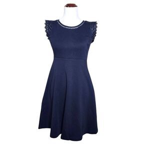 Talbots Navy Blue Cotton Eyelet Flutter Sleeve Fit & Flare Dress XS